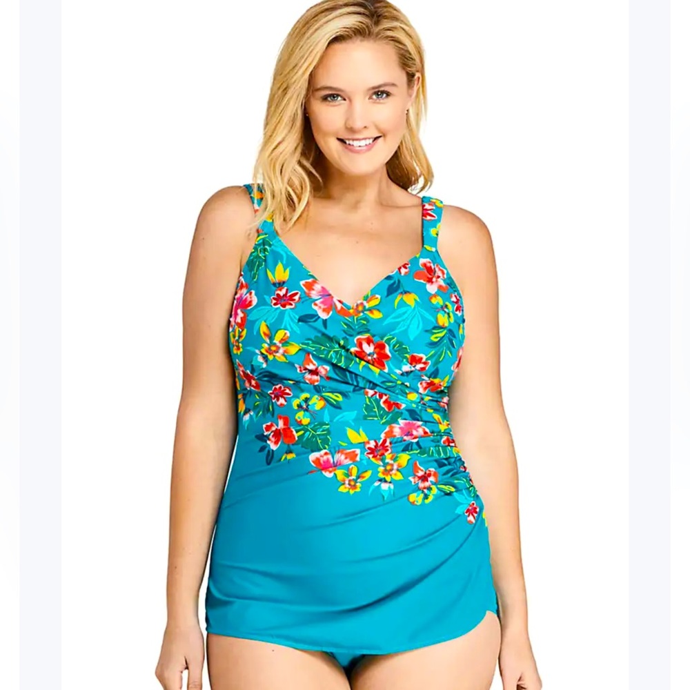 lands’ end plus size slender tummy control skirted swimsuit one piece Sz 14 DD
